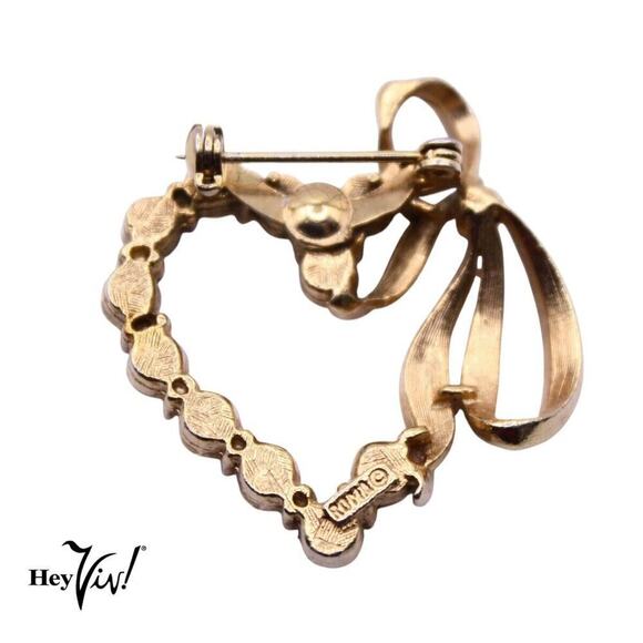 Vintage Roma Heart Pin w Bow and Pearls Valentine Sweetheart Gift 1.5" - Hey Viv - Picture 2 of 3
